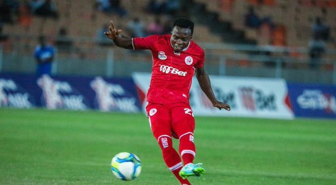 Okrah, a former Bechem United player, reacts after scoring on his league debut for Simba FC.
