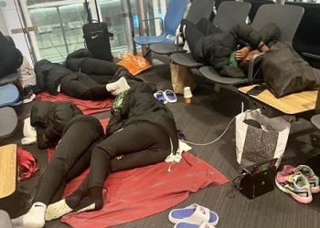 UPON THEIR ELIMINATION, NIGERIA’S FALCONETS SLEPT ON THE FLOOR AND SEATS AT ISTANBUL AIRPORT.