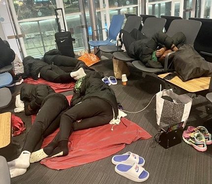 UPON THEIR ELIMINATION, NIGERIA’S FALCONETS SLEPT ON THE FLOOR AND SEATS AT ISTANBUL AIRPORT.