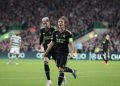 Modrić reacted to Celtics after he scored an outside-of-boot goal in his 100th CL outing.