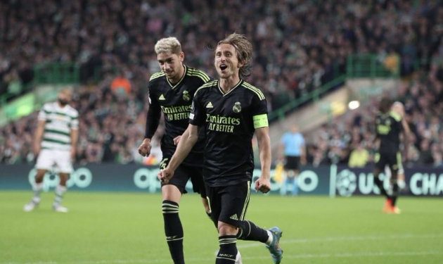Modrić reacted to Celtics after he scored an outside-of-boot goal in his 100th CL outing.