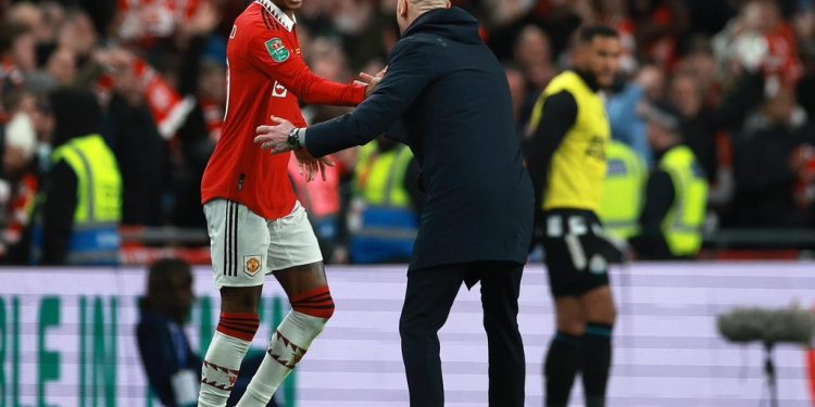 Rashford’s reaction after surpassing Cristiano Ronaldo’s feat by meeting Erik ten Hag’s challenge.